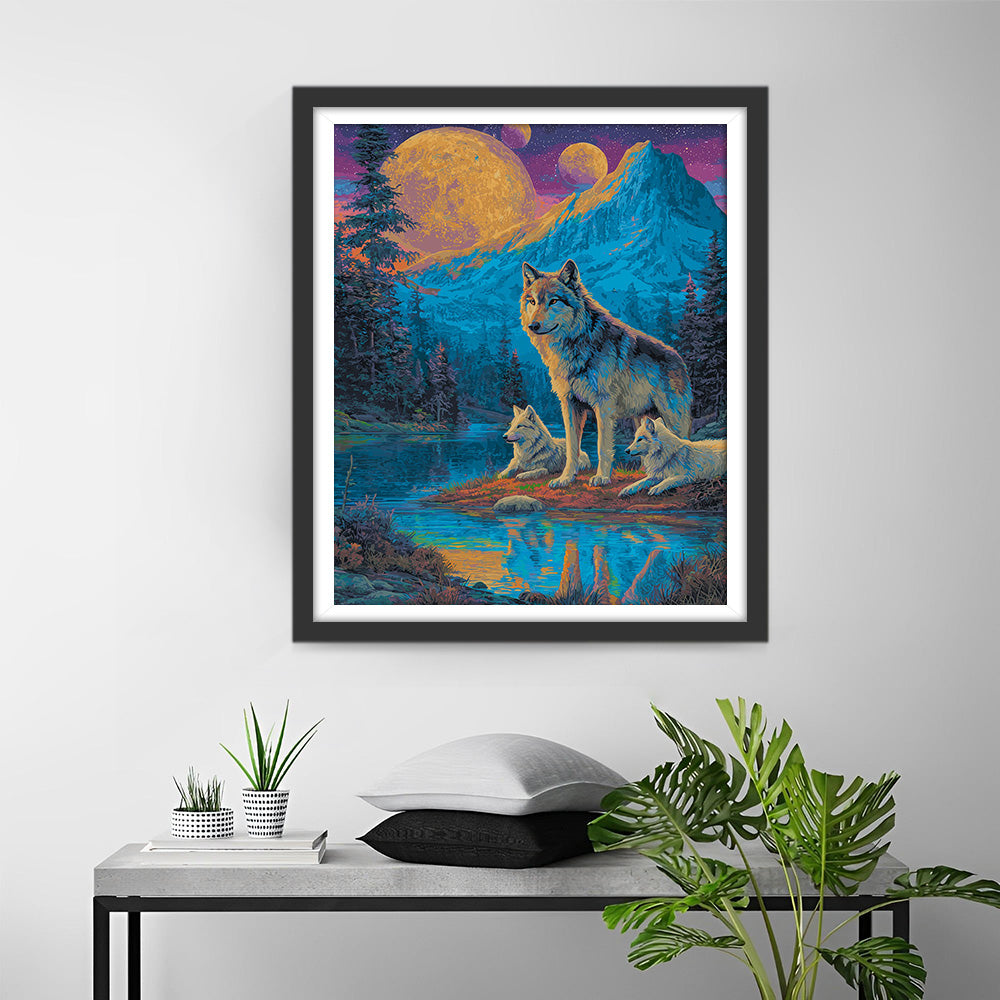 Wolves in the Mountains at Night Diamond Painting